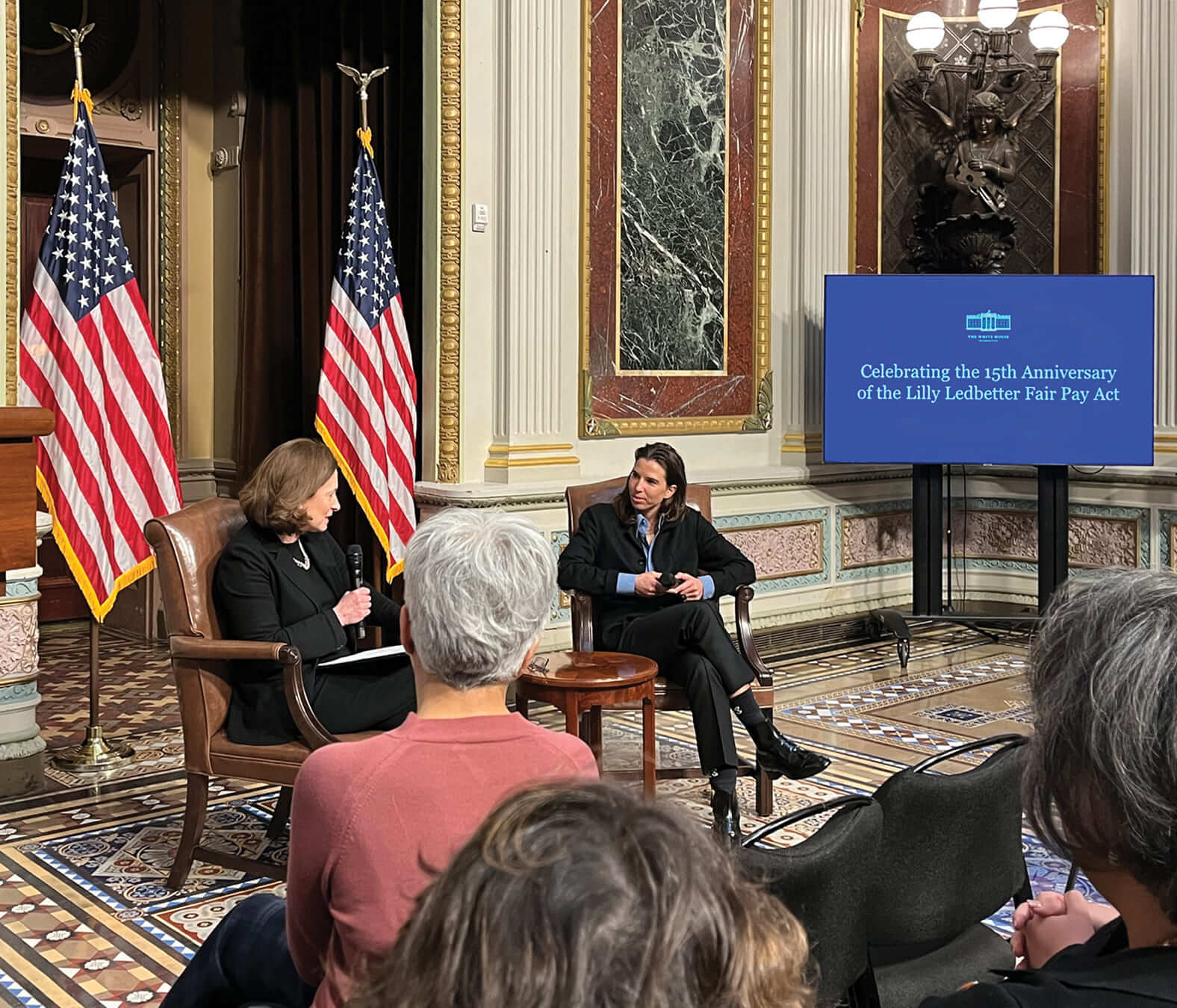 White House Gender Policy Council Director
                                        Jennifer Klein interviews former U.S. Women’s Soccer star and fair pay activist Tobin Heath.